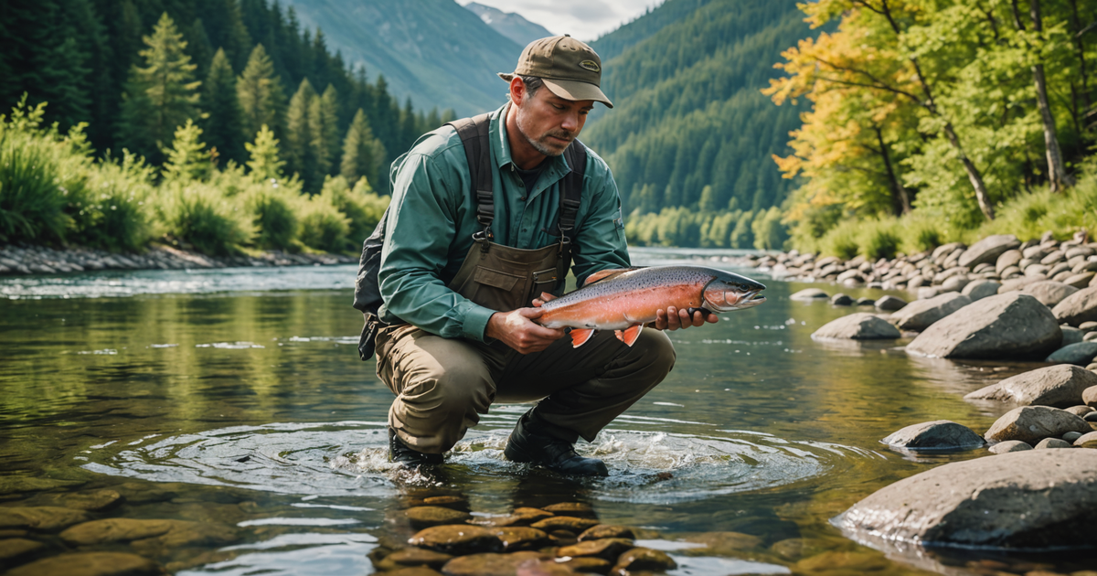 An angler releasing a salmon back into the river