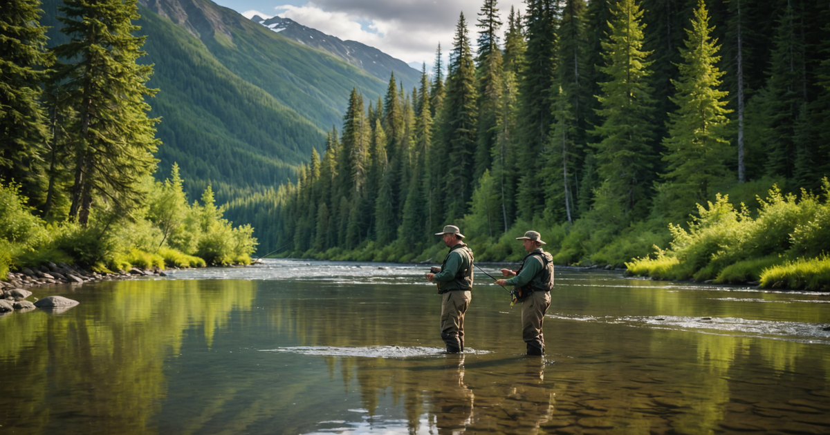 An angler practicing catch and release with a salmon in an Alaskan river.