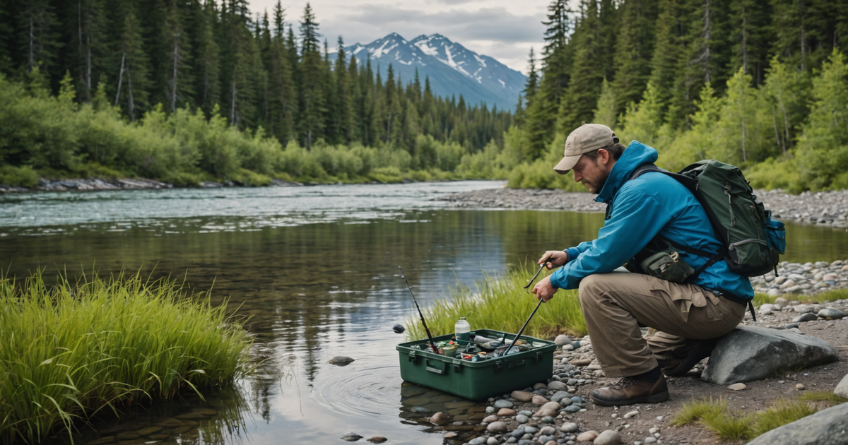 An angler gearing up by a riverbank in Alaska, surrounded by lush greenery and clear water.