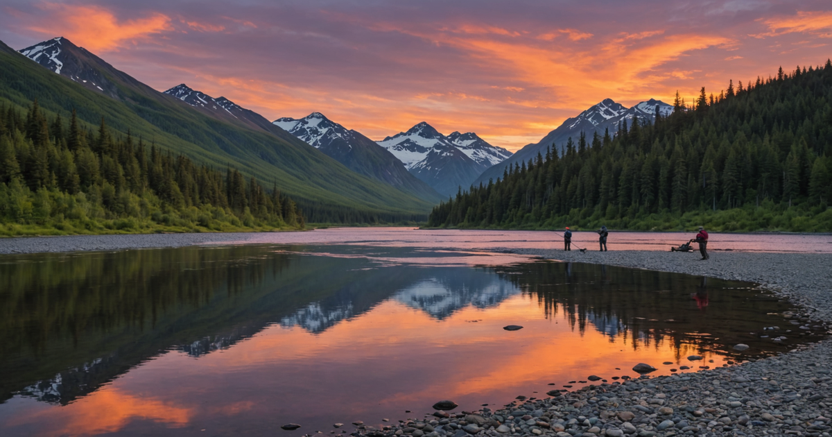 A panoramic view of an Alaskan river, complete with anglers fishing under a vibrant sunset.