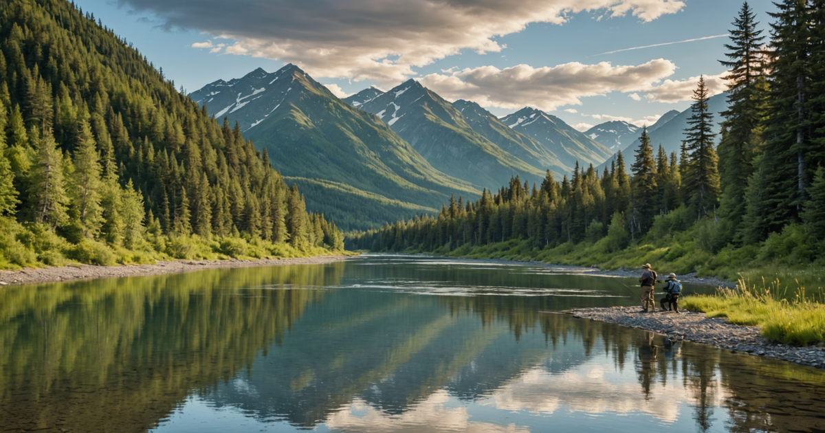 A scenic view of an Alaskan river with anglers fishing for salmon
