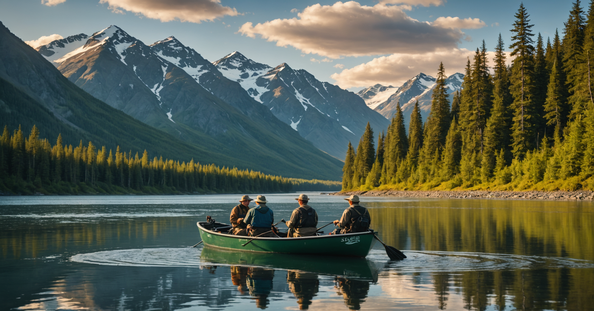 A group of anglers with a guide on a boat in Alaskan waters, pulling in a large salmon