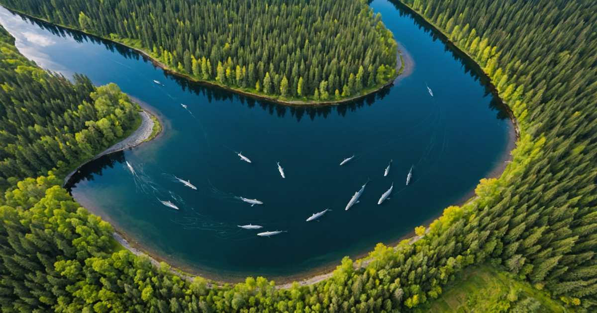 Aerial view of a river during a salmon run, showcasing the dense population of pink salmon.
