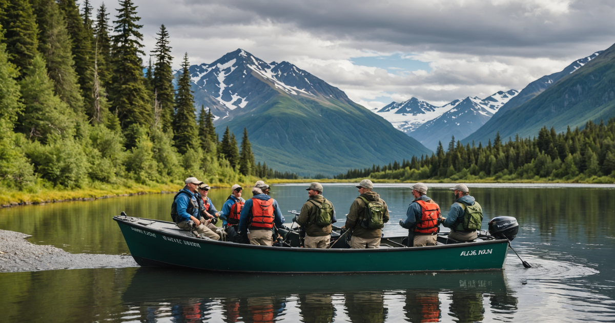 A guide leading a group of anglers on a salmon fishing trip in Alaska