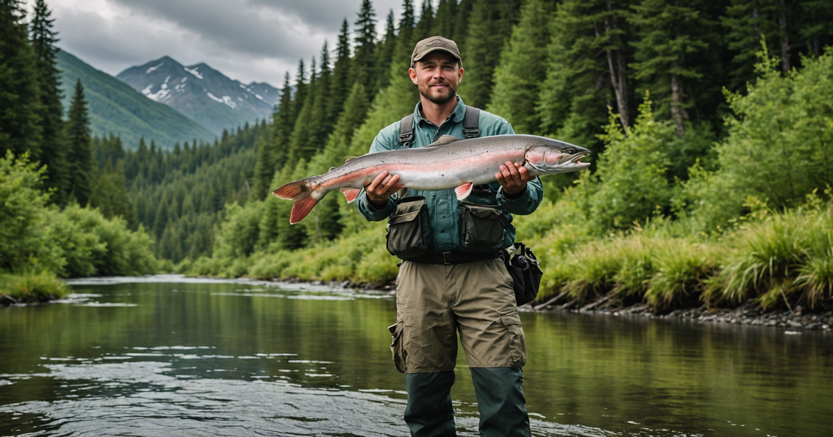 An angler holding a freshly caught salmon on a riverbank in Alaska