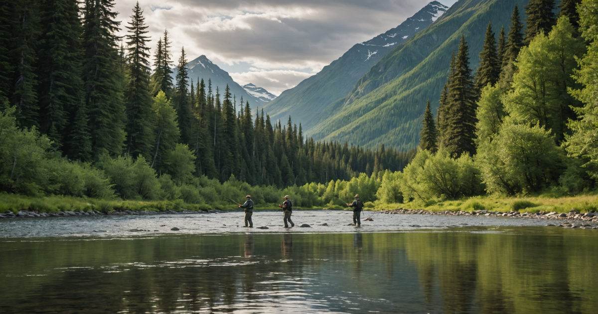 A scenic view of anglers fly fishing for silver salmon coho in a picturesque Alaskan river.