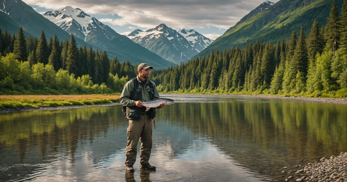 An angler with a freshly caught salmon in Alaska.