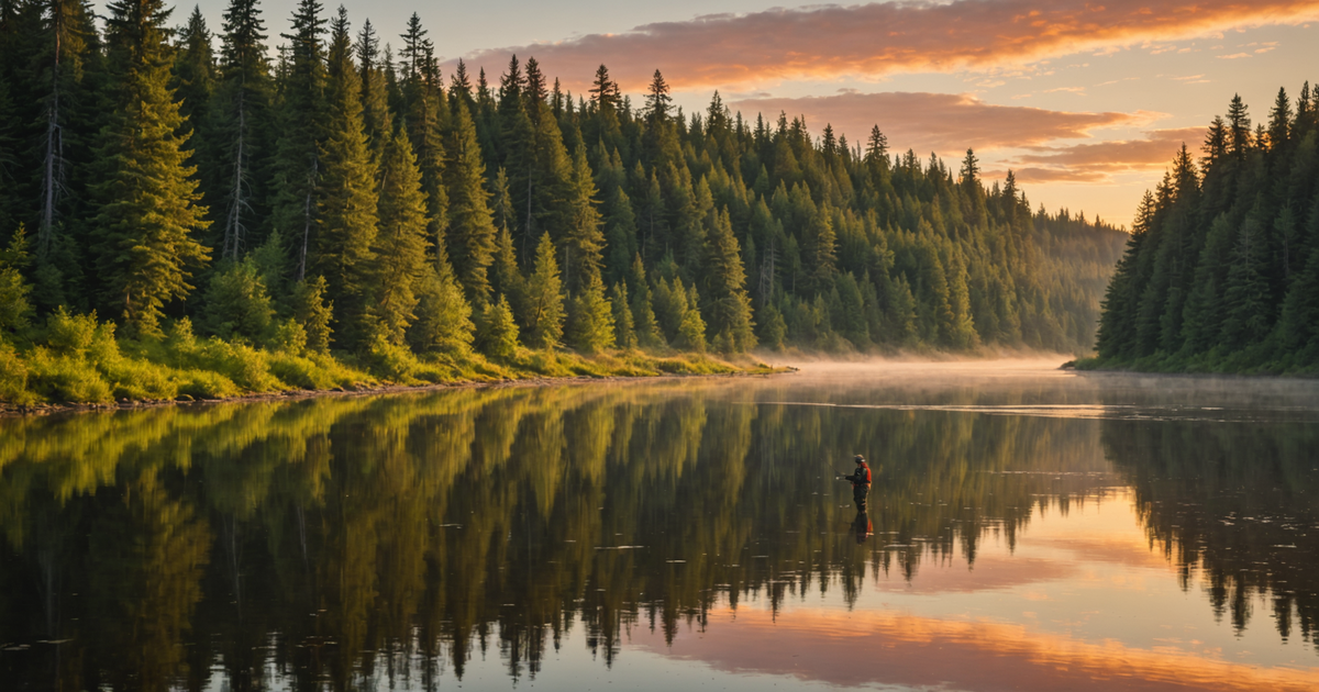 A serene Alaskan river with an angler fishing for silver salmon at sunrise.