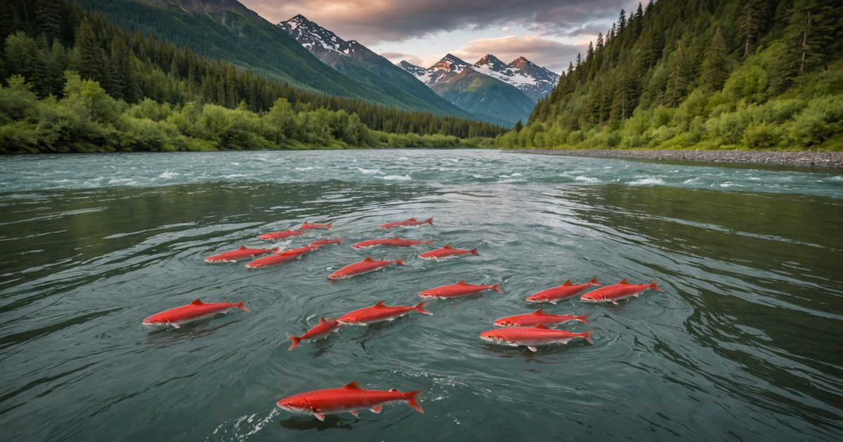 A stunning view of a river in Alaska bustling with Sockeye salmon during peak season.