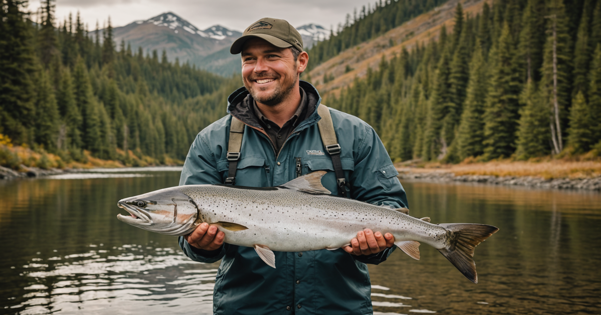 An angler proudly holding a Chinook salmon on a guided tour in Alaska.