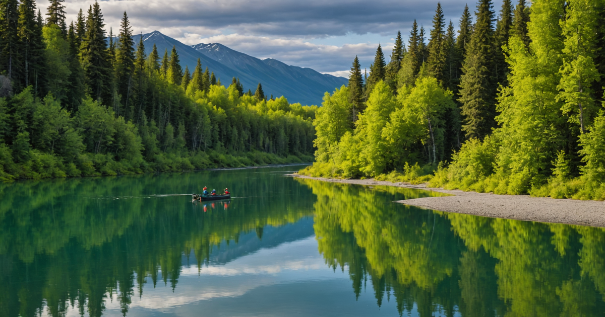 A scenic view of the Kasilof River with anglers fishing for salmon