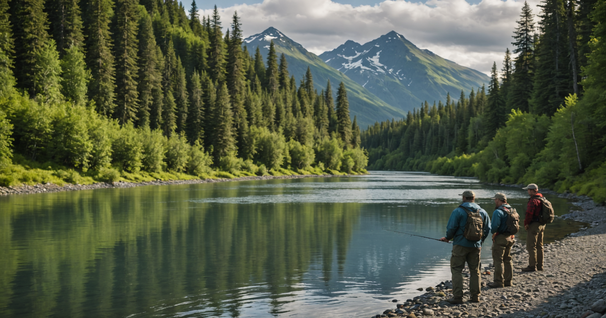 A scenic view of an Alaskan river with anglers fishing for king salmon.