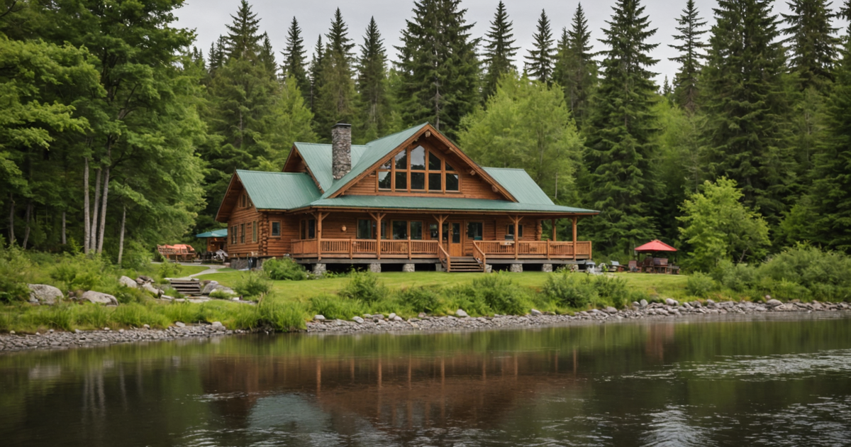 A cozy Alaskan lodge near a salmon-rich river, perfect for anglers.