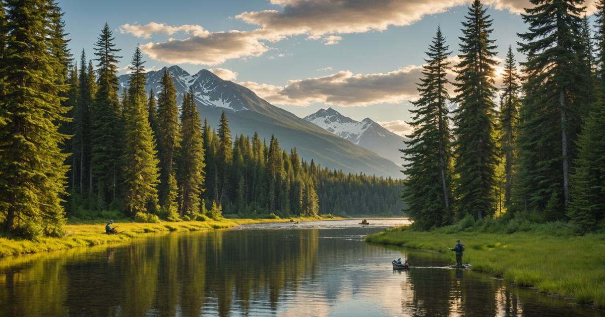 A picturesque view of anglers fishing for red salmon in an Alaskan river.