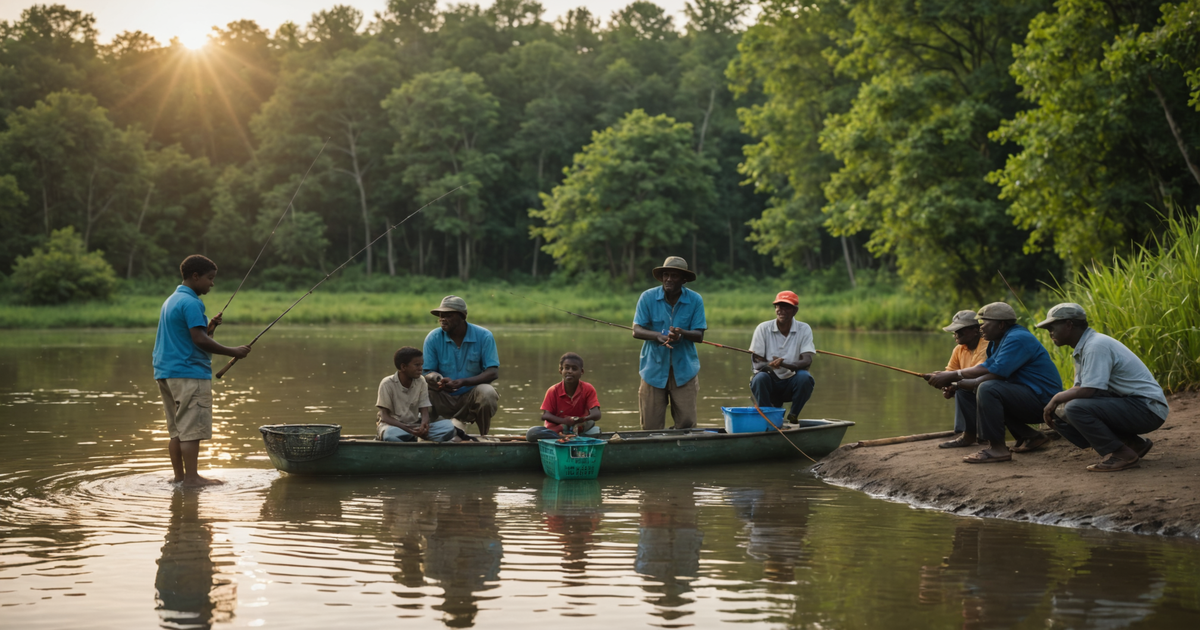 A guide teaching sustainable fishing practices while on a riverbank.