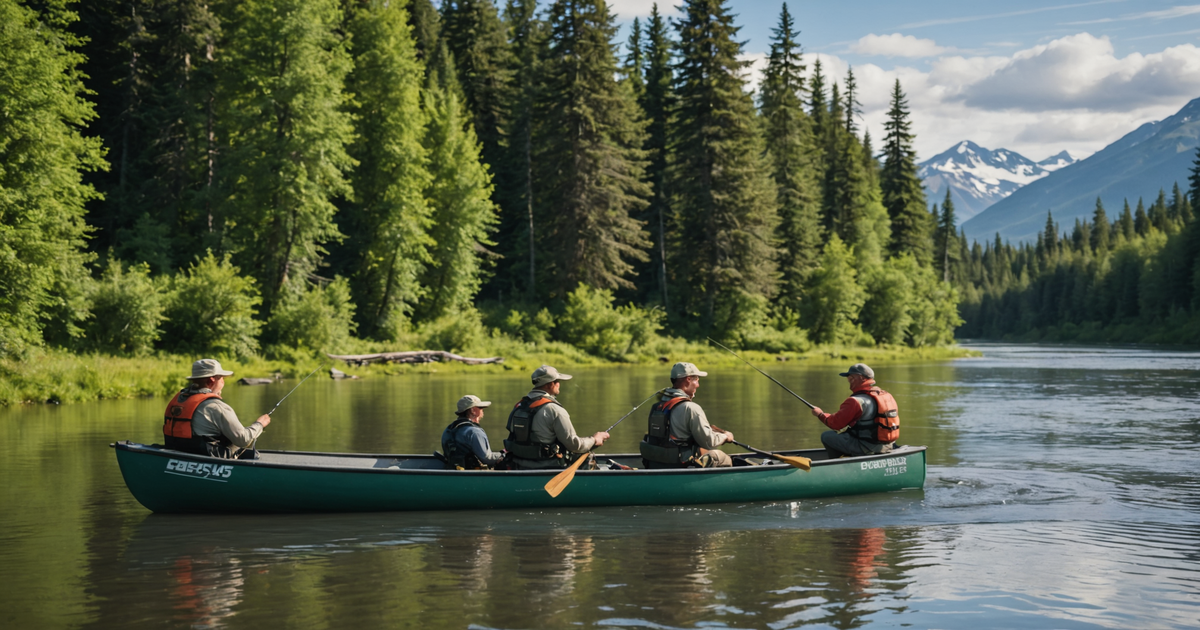 Anglers fishing in an Alaskan river with safety gear