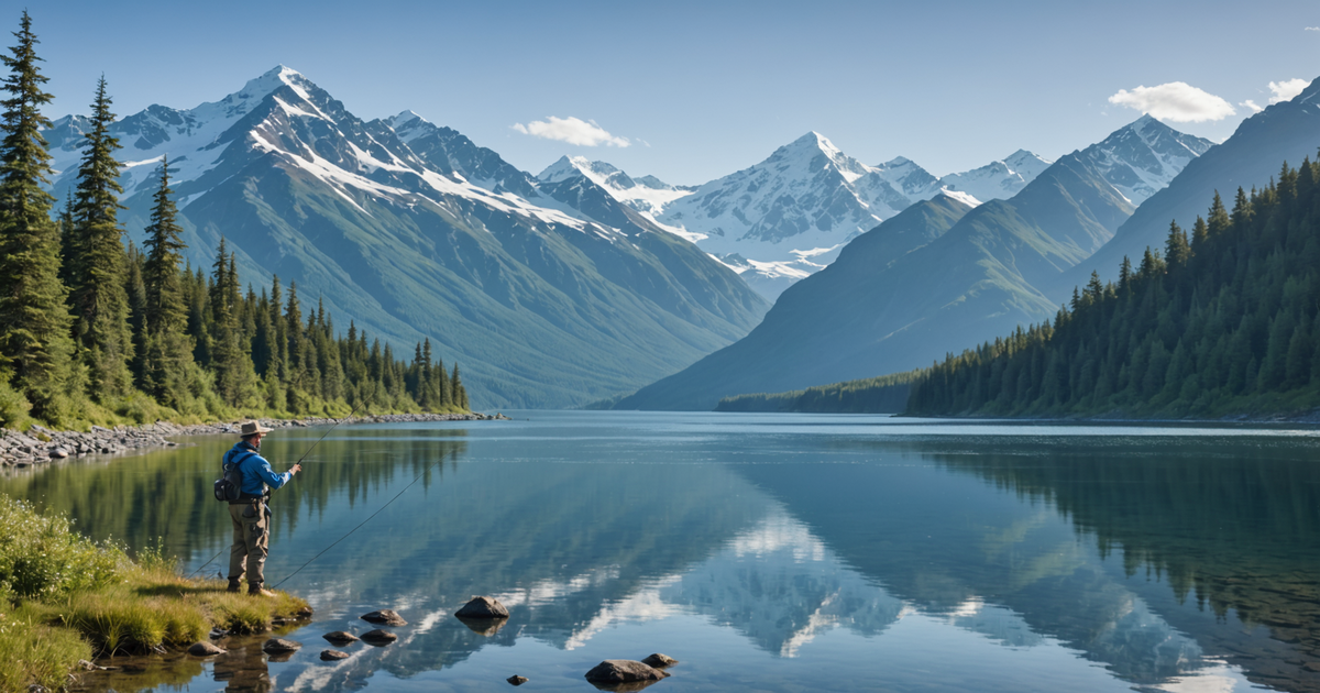 A scenic view of an angler fishing in Alaskan waters