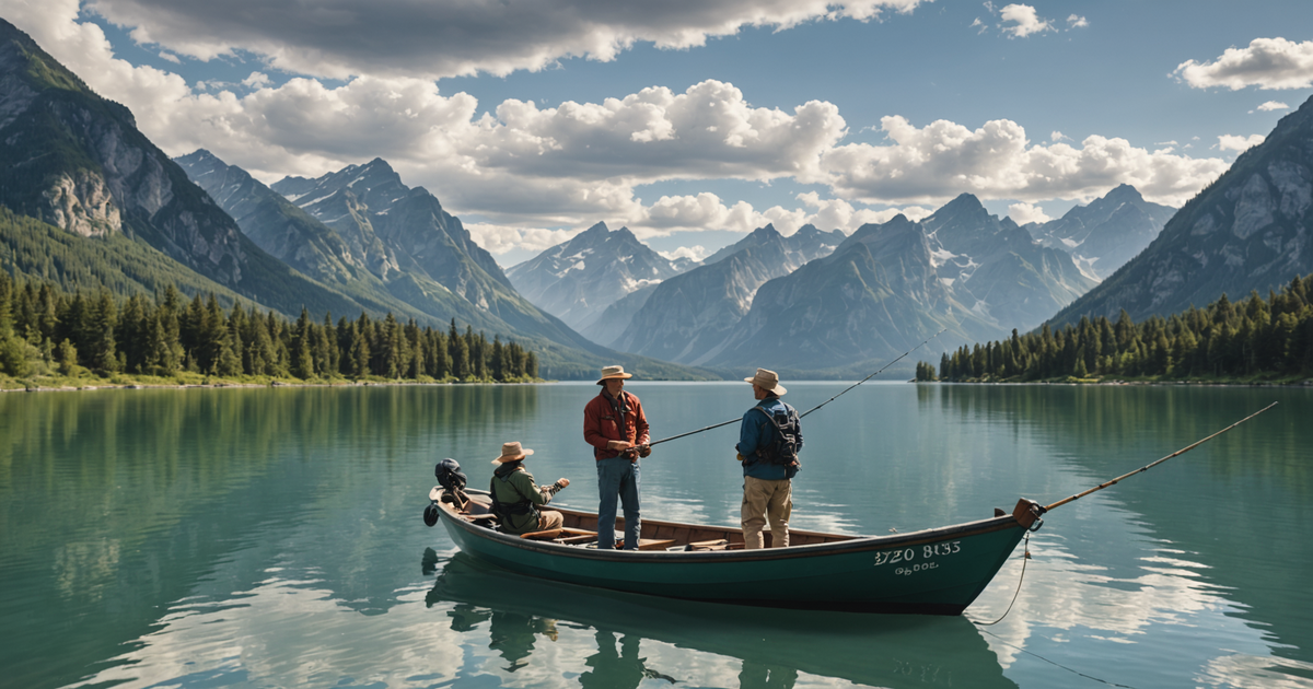 A guide assisting a guest on a fishing boat with mountains in the background.