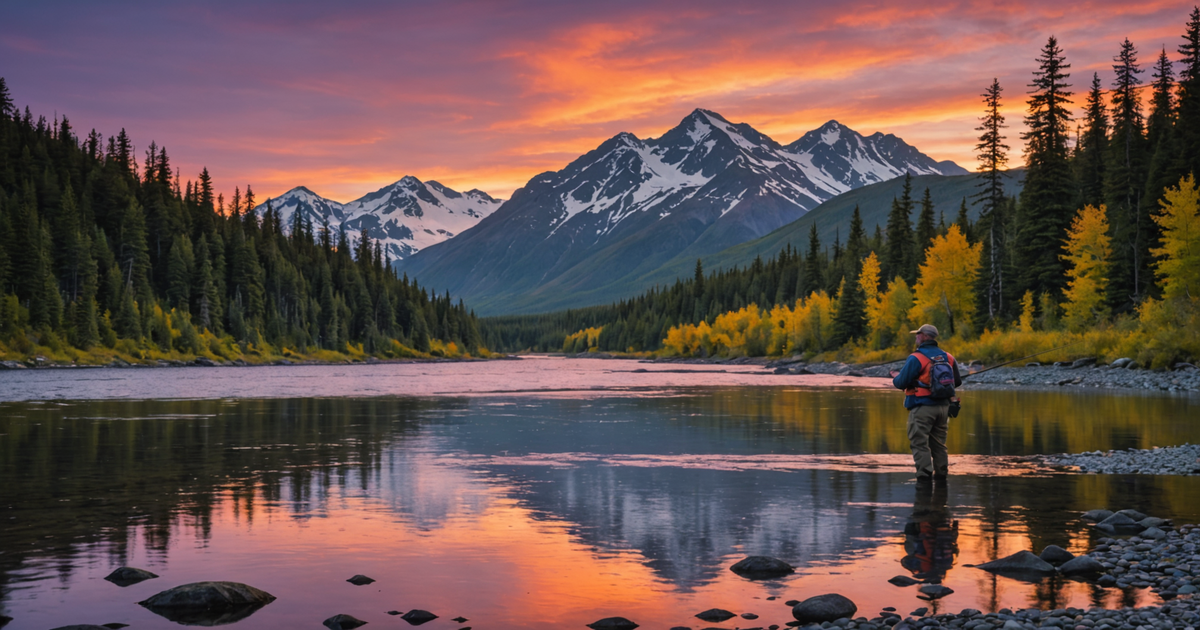 An angler reeling in a salmon with a dramatic Alaskan sunset.