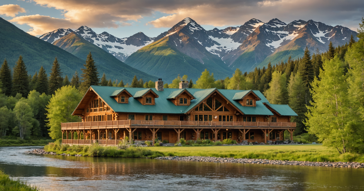 A picturesque Alaskan lodge nestled by a river, surrounded by mountains