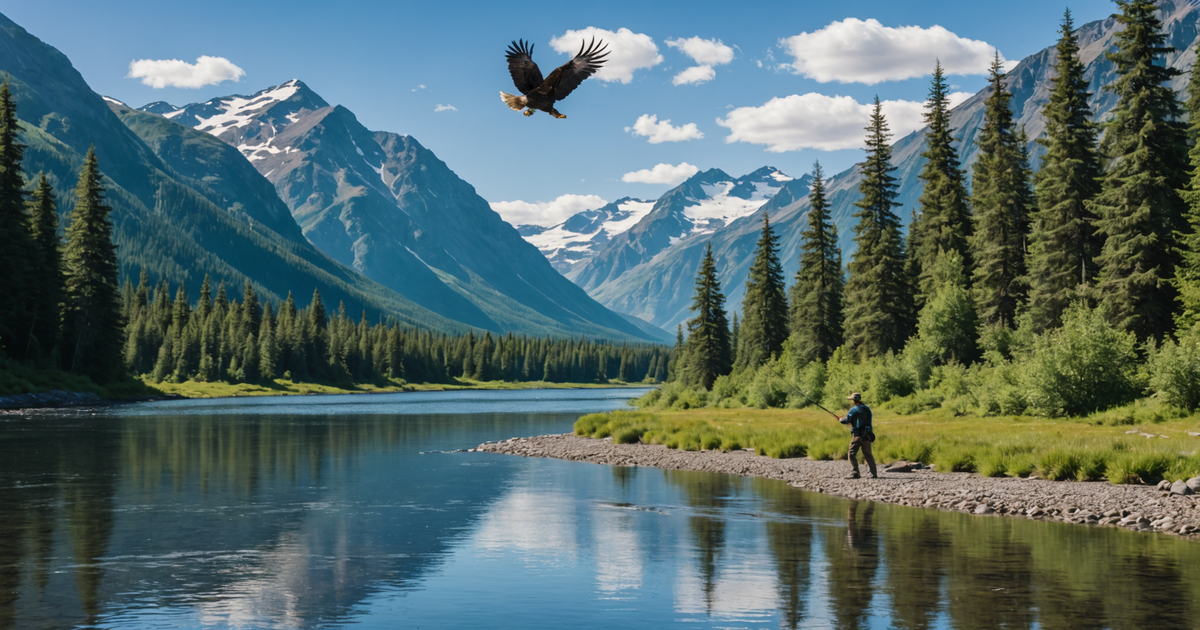 An angler casting a line in a pristine Alaskan river, eagles flying above