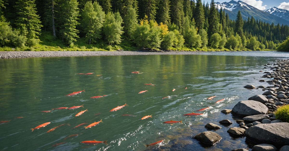 A scenic view of an Alaskan river bustling with salmon during the peak season, capturing the essence of the fishing adventure.