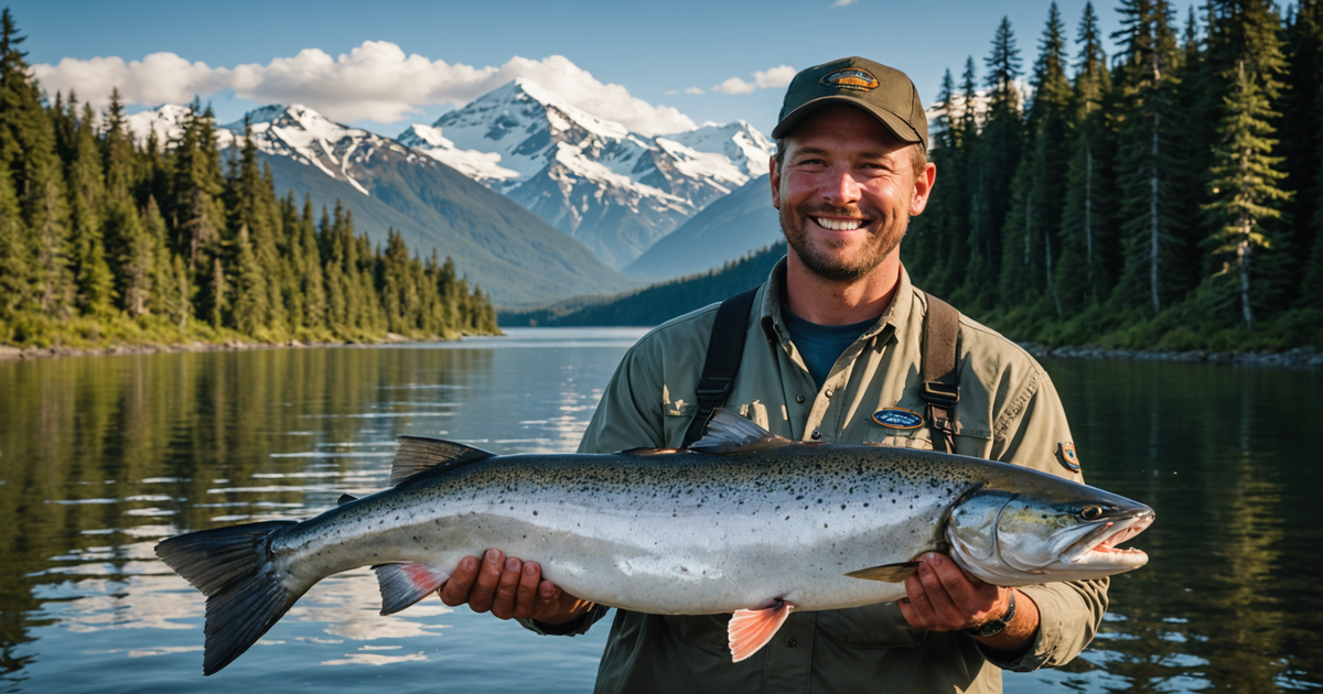 A successful angler proudly holding a large King Salmon, with the Alaskan wilderness as a backdrop.