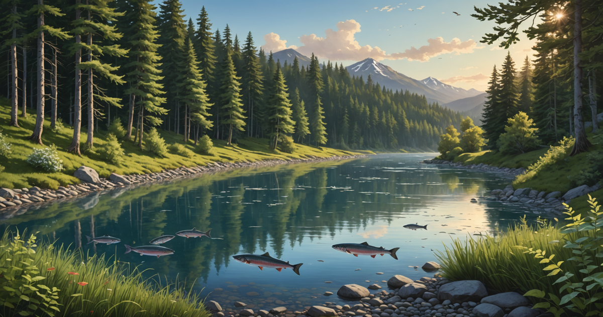 An illustration showing the lifecycle of the salmon from ocean to spawning grounds