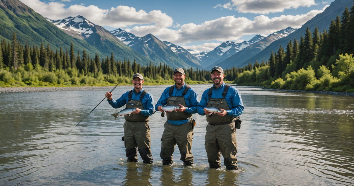 A guided fishing trip on an Alaskan river, showcasing anglers with their catch of silver salmon