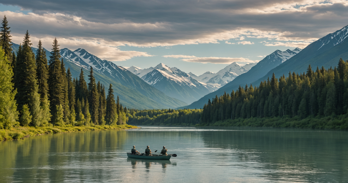 A scenic view of the Kenai River with anglers fishing for sockeye salmon.