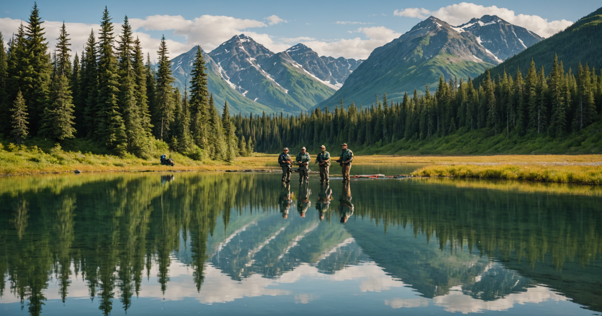 A group of anglers with a guide on a fishing tour in Alaska, showcasing their catch.