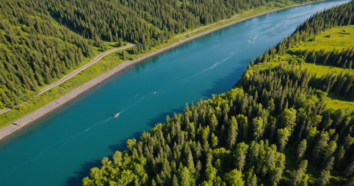 An aerial view of the Kenai River with anglers fishing