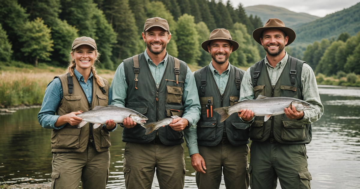 A group of anglers with their guide, proudly displaying their salmon catch