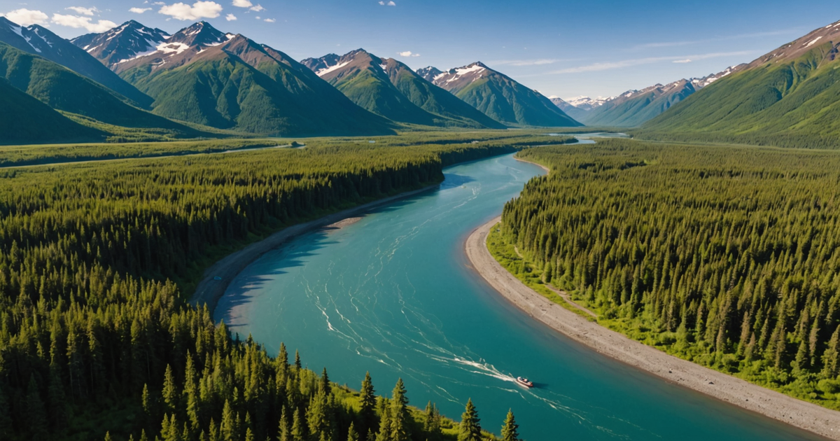 Aerial view of Alaska's Kenai River with anglers fishing