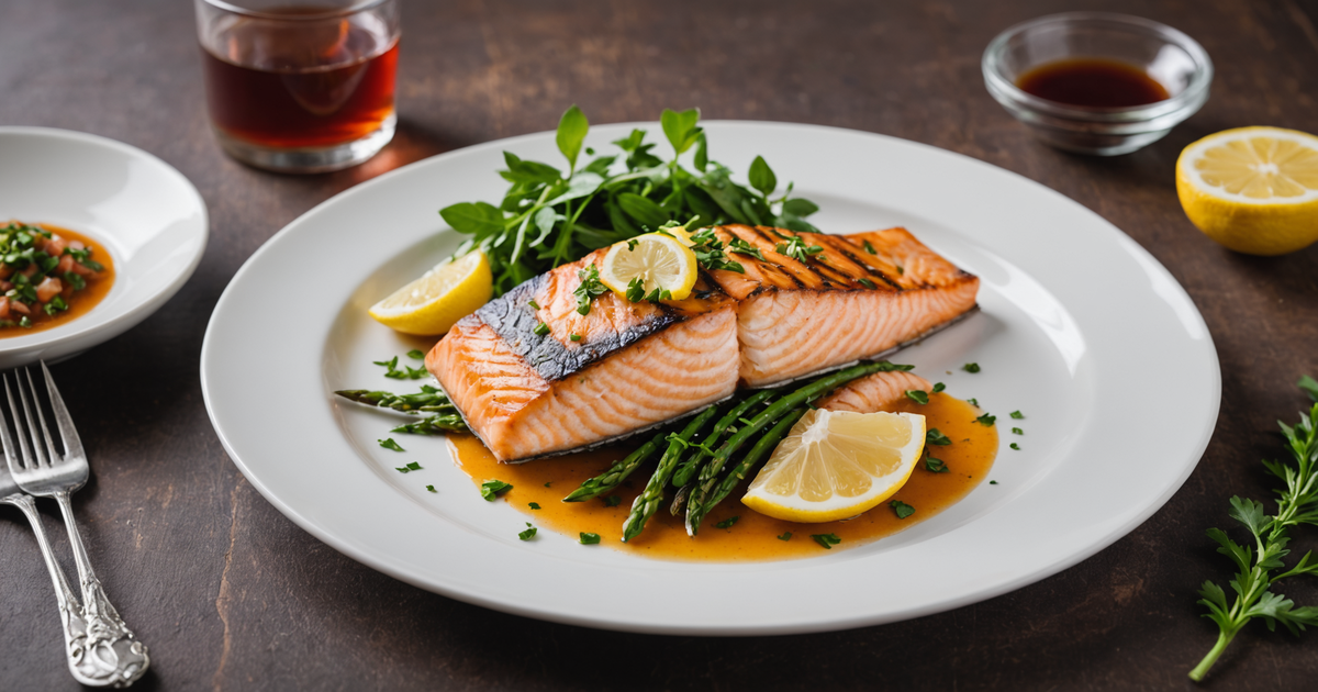 A beautifully plated dish of grilled chum salmon