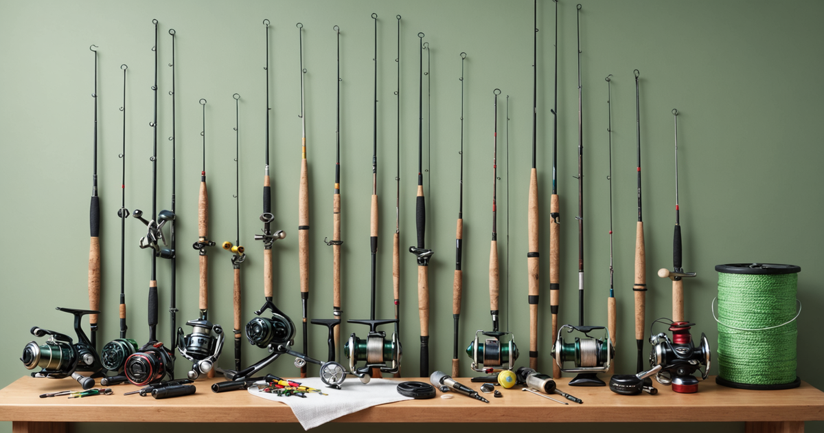 A selection of fishing gear including rods, reels, and lures.