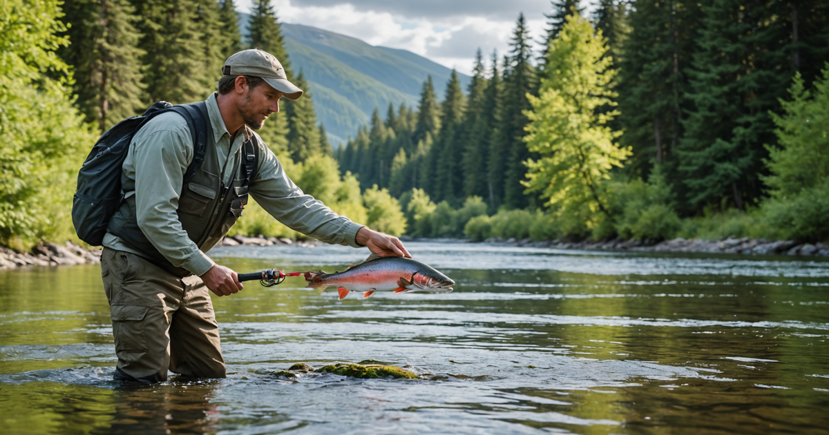An angler releasing a salmon back into the water.