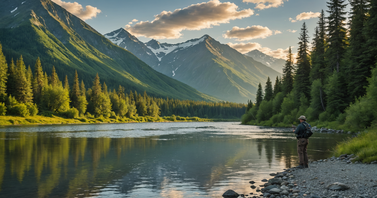 Angler casting a line in a scenic Alaskan river