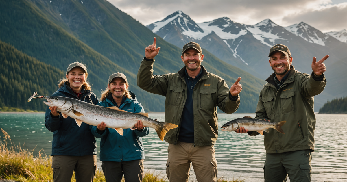 Group of anglers celebrating a successful catch on a sunny Alaskan day