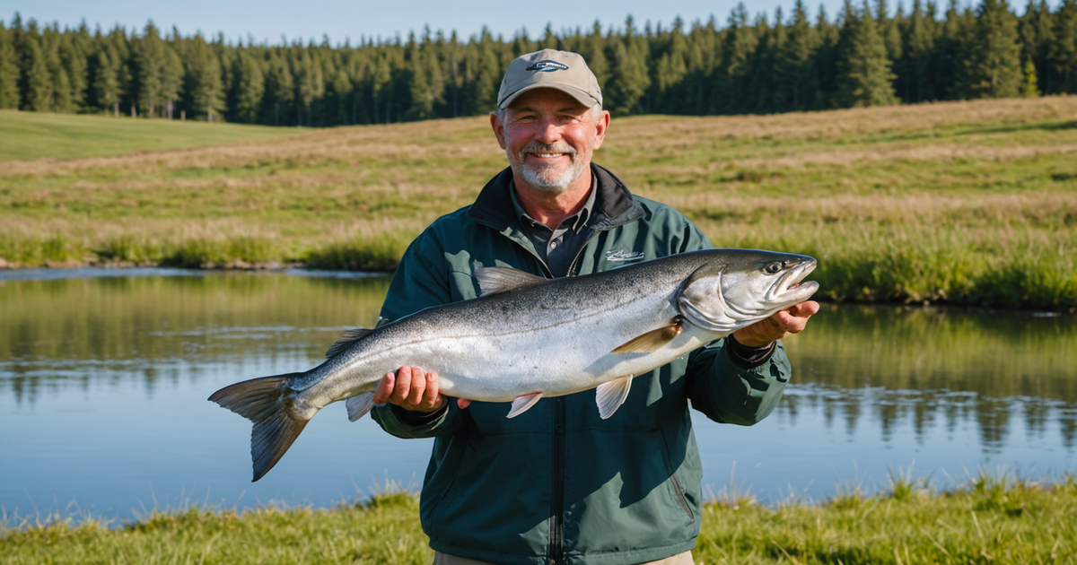 An angler triumphantly holding a freshly caught Silver salmon