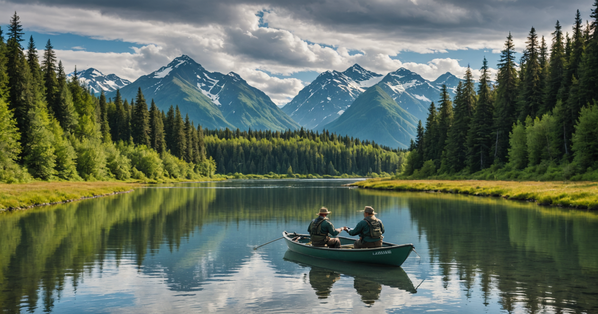 Anglers fishing on a scenic Alaskan river