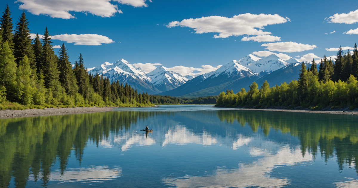 Angler casting in the Kenai River with a backdrop of snow-capped mountains.