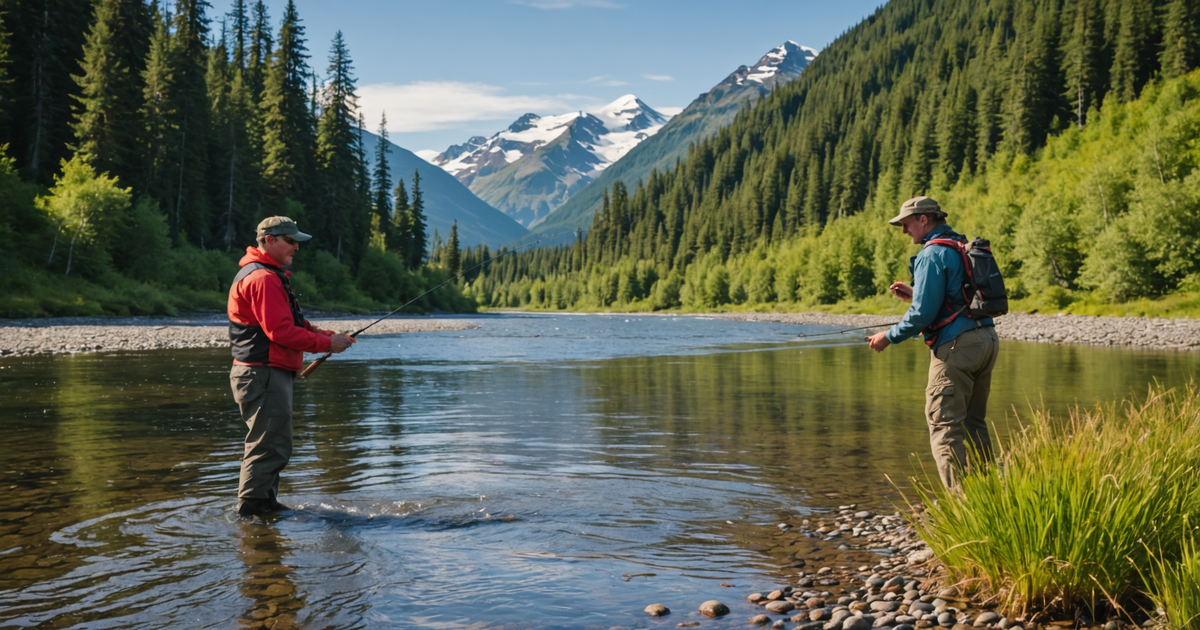 A guide assisting an angler in landing a red salmon on a scenic Alaskan riverbank.