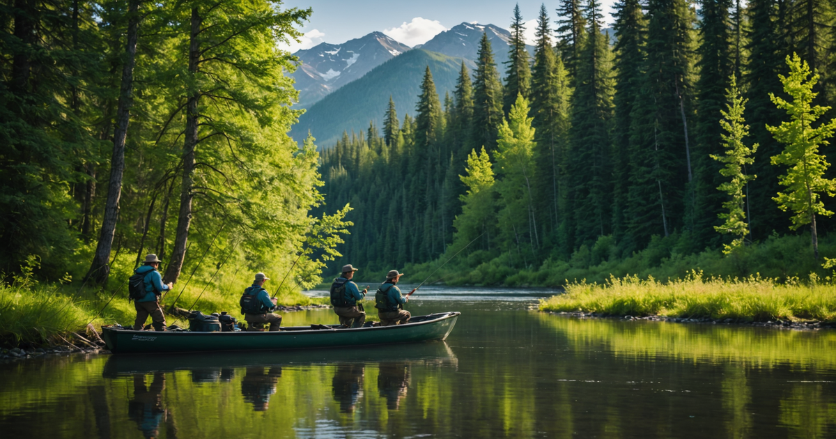 Group of anglers with guide on Alaskan riverbank