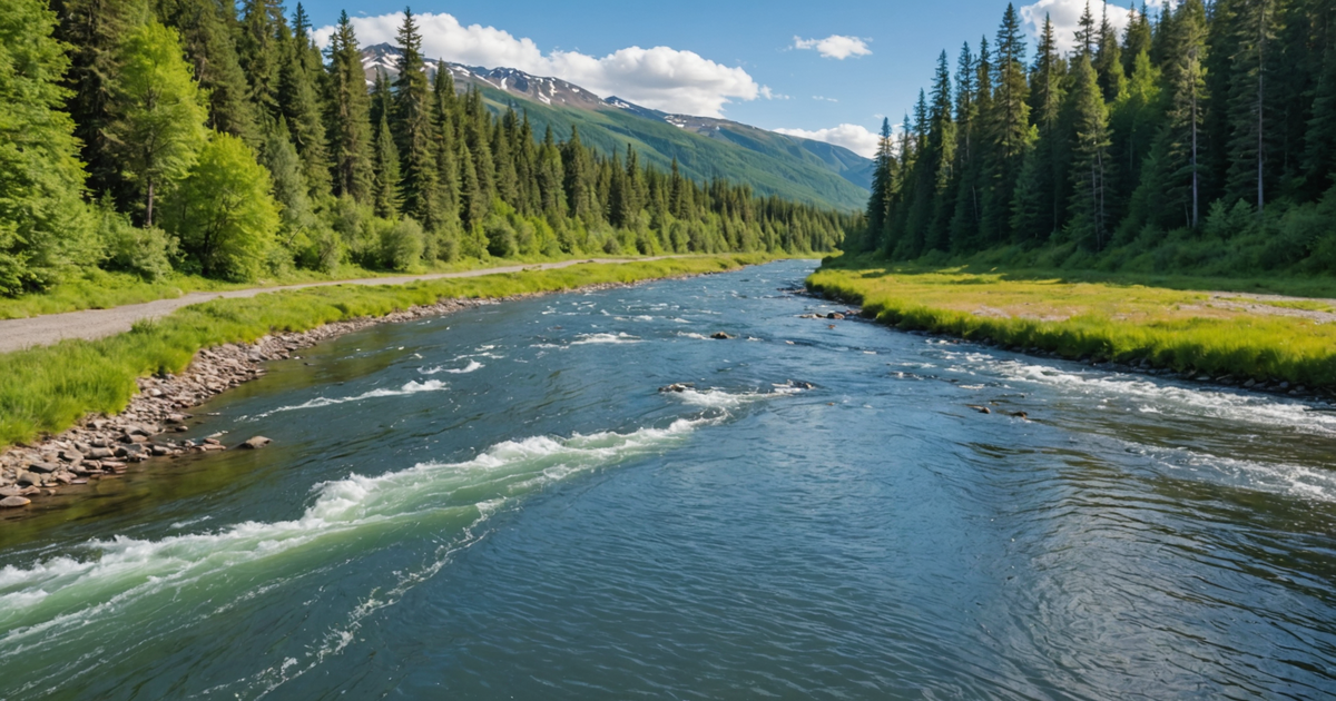 A scenic view of a pristine Alaskan river teeming with salmon