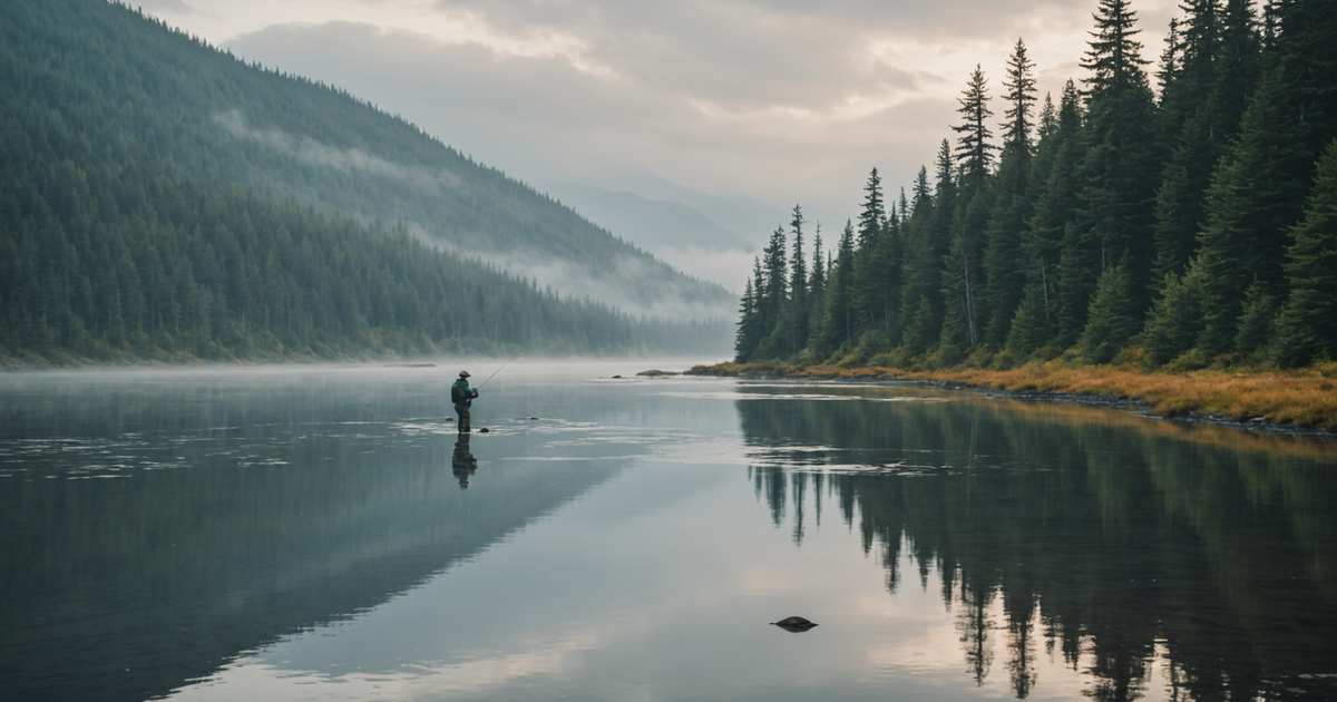 An angler dressed in layered clothing, preparing to fish in a misty Alaskan river