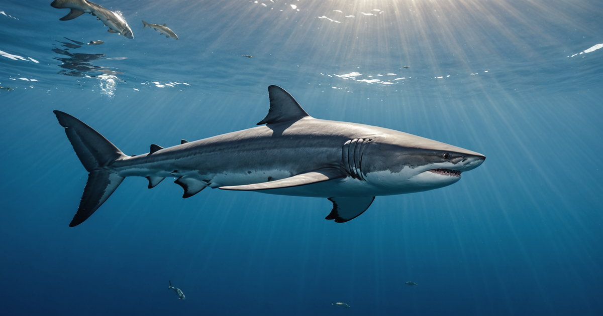 An illustration of a salmon shark hunting in its natural habitat.