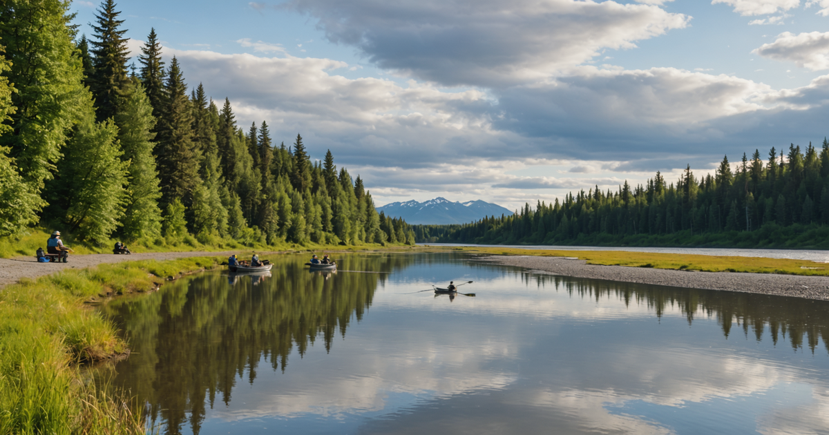 A serene view of the Kasilof River with anglers fishing from the banks.