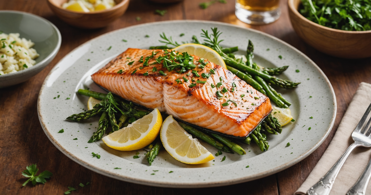 A delicious plate of grilled Alaskan salmon, garnished with fresh herbs.
