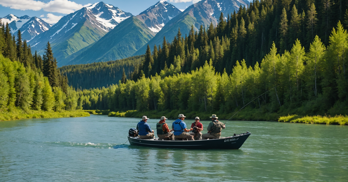 A guide assisting a group of anglers on a boat in the Kenai River, surrounded by lush greenery and clear blue skies.